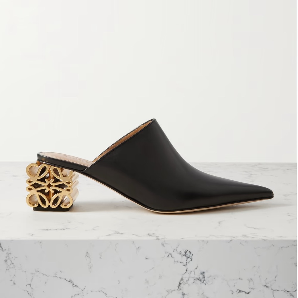 [NEW] LOEWE BLACK LEATHER ANAGRAM-HEEL MULES